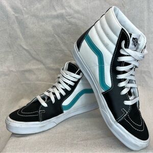 Vans White and Deep Navy Blue Leather Sk8-Hi Sneakers with Teal accent stripe.